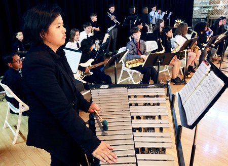 The Liberty School Jazz Band played during a dinner in the Hanford Civic Auditorium.